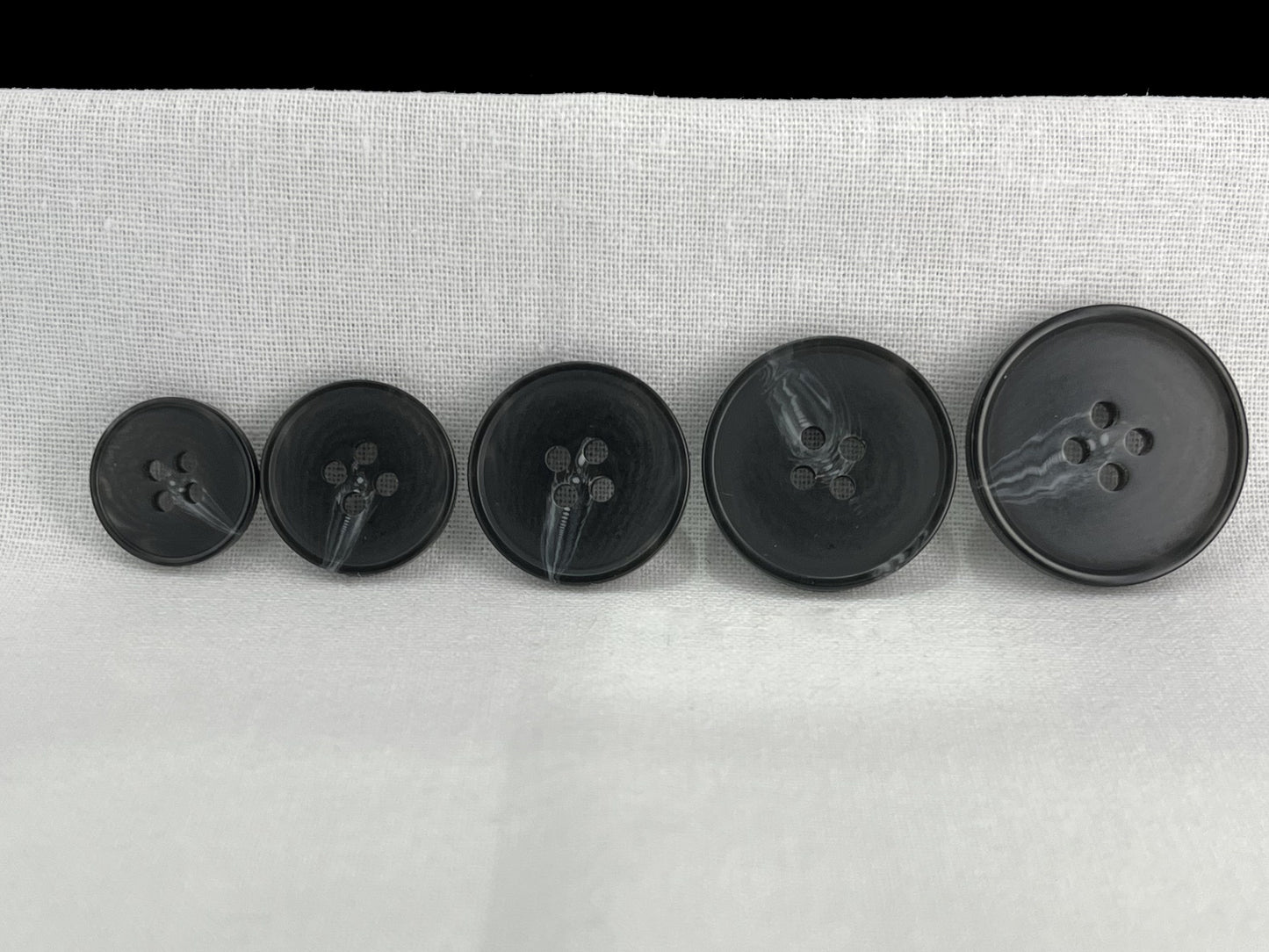 Black Horn Imitation Buttons, 15-25mm (24L-40L). 4-Hole Sew On for Pants, Dresses, Coats, Jackets, Sweaters & Crafts