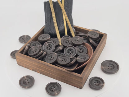 Brown Horn Imitation Resin Buttons, 15-25mm (24L-40L). 4-Hole Sew On for Suits, Pants, Dresses, Coats, Jackets & Sweaters
