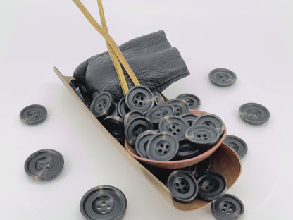 Black Horn Imitation Resin Buttons, 15-25mm (24L-40L). 4-Hole Sew On for Suits, Pants, Dresses, Coats, Jackets & Sweaters
