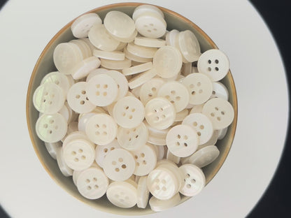 White Rimmed Pearl Imitation Buttons with Beautiful Effect, 9mm-11.5mm (14L-18L). 4-Hole Sew On for Shirts, Blouses & Apparel